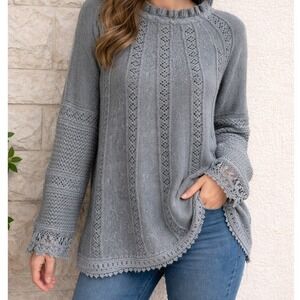 POL Women's Gray Knit Sweater Lace Trim Ruffle Neck Bell Sleeve Size Medium
